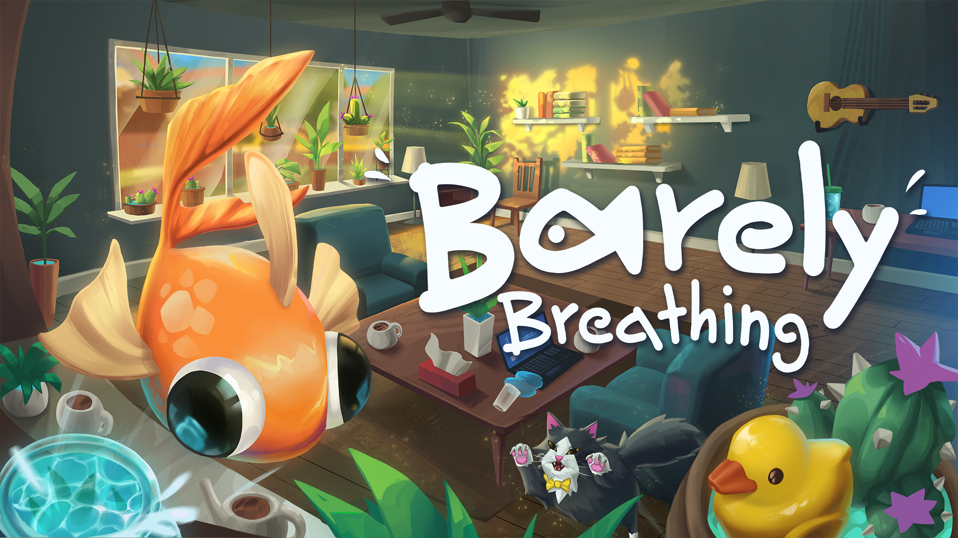 Barely Breathing key art with Sheen the goldfish and Matt the cat in a sunny living room.