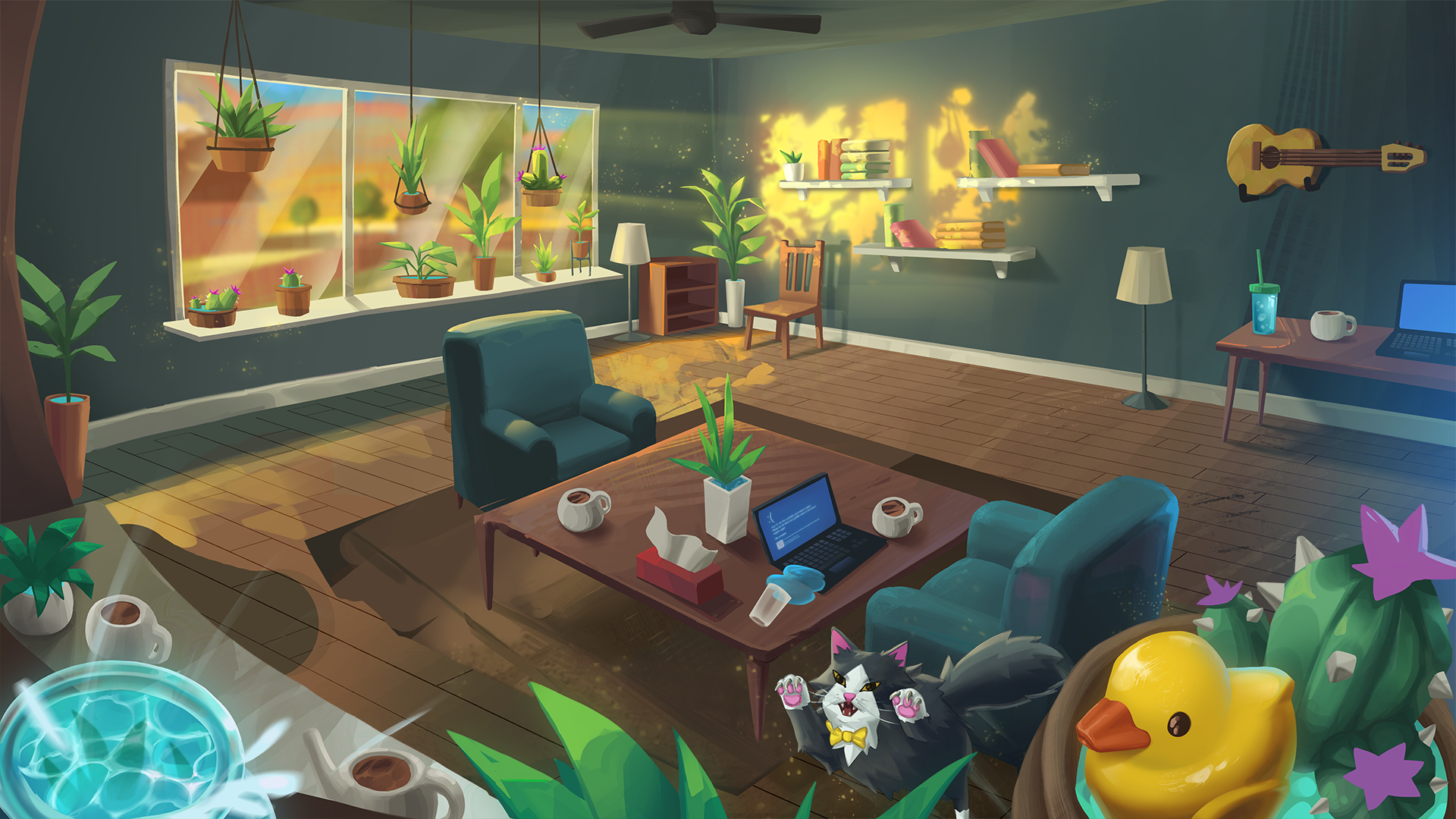 A cozy, plant-filled living room lit by golden sunlight — the world of Barely Breathing.