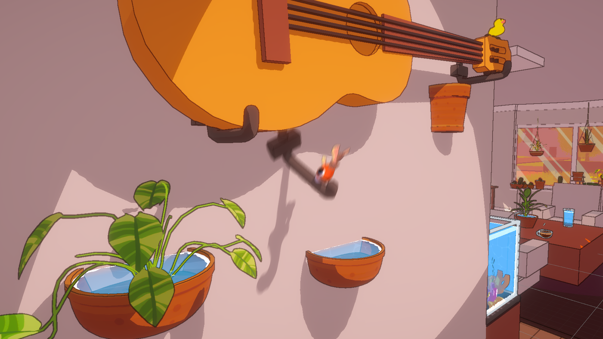 Sheen jumping between wall planters under a guitar.