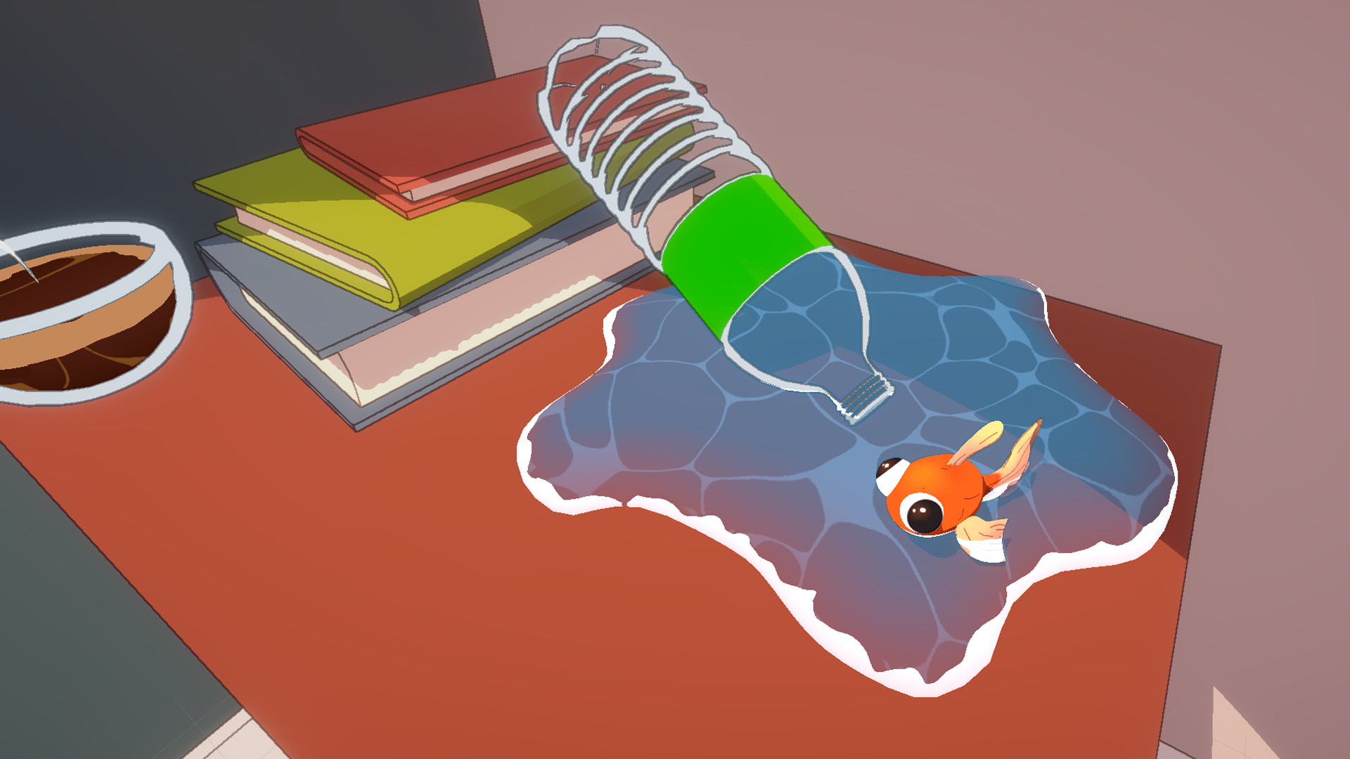 Sheen lying in a spilled water puddle beside a tipped bottle.
